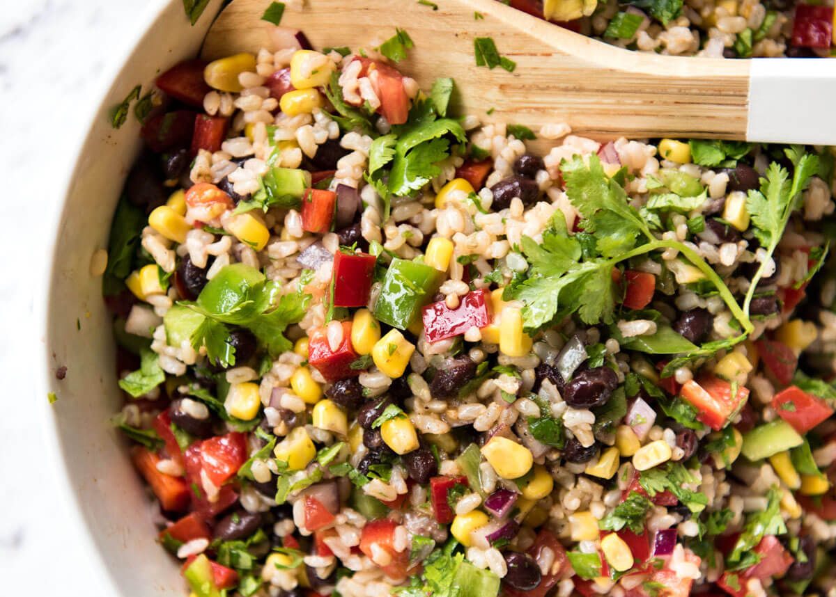 Cowboy rice salad prepared as a BBQ catering side dish